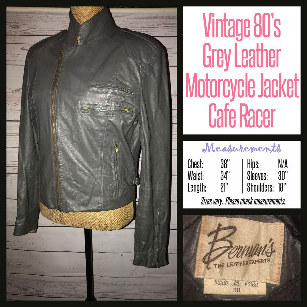 Vintage 80's Grey Gray Berman's Leather Motorcycle Cafe Racer Jacket Coat  38B M Medium