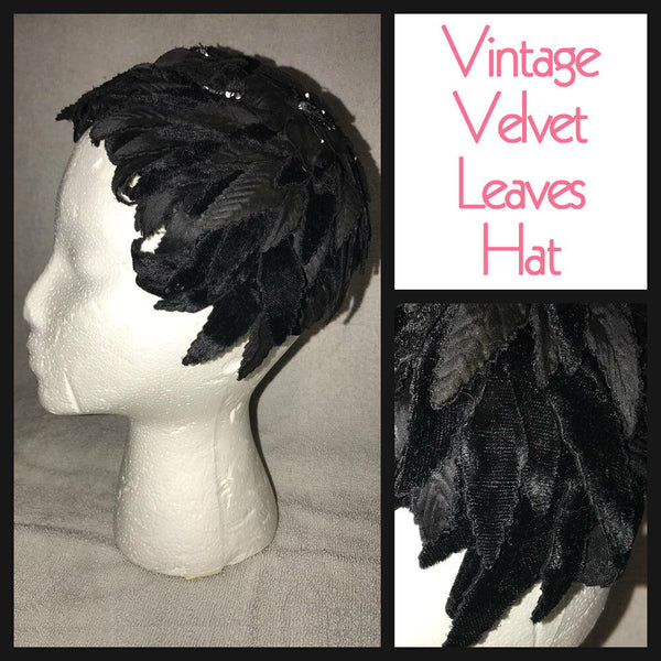 Vintage 20's Black Velvet Leaves Floral Flapper Helmet Hat