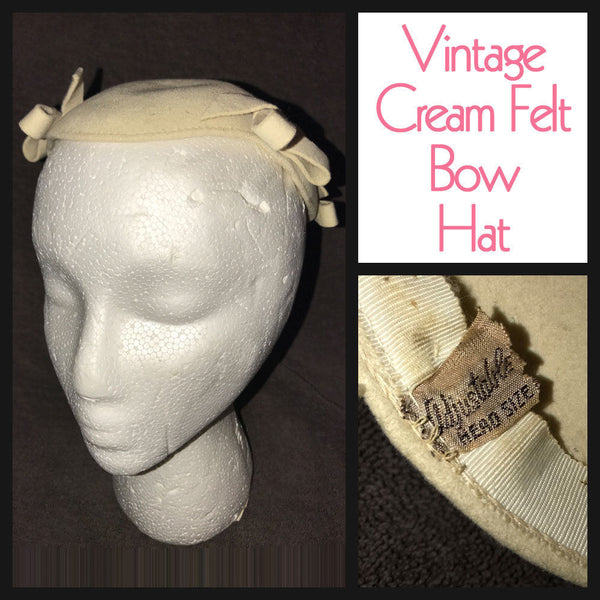 Vintage 50's Cream Felt Bow Juliette Cap Hat
