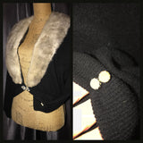 Vintage 50's Black Cashmere Fur Collar Cardigan Sweater w Pearl Altmann 44B L