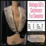 Vintage 50's Black Cashmere Fur Collar Cardigan Sweater w Pearl Altmann 44B L