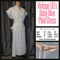 Vintage 50's Baby Blue Plaid Cotton Day Dress 42B L Large