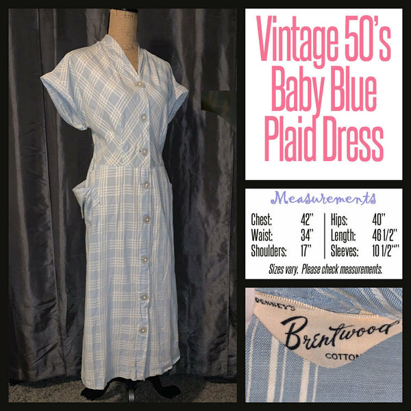 Vintage 50's Baby Blue Plaid Cotton Day Dress 42B L Large Vintage City Clothing Vintage 50's Baby Blue Plaid Cotton Day Dress 42B L Large Vintage City Clothing