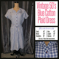 Vintage 50's Denim Blue Plaid Cotton Day Dress 42B L Large