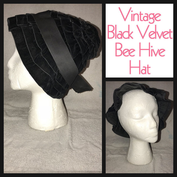 Vintage 50's Black Velvet Bee Hive Style Hat