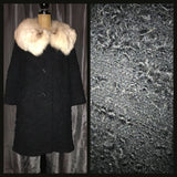 Vintage 60's Black Boucle Fur Collar Swing Coat XL Extra Large 42B