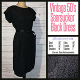 Vintage 50's Black Seersucker Day Dress 38B M Medium