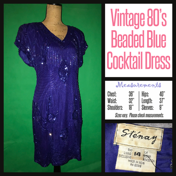 Vintage 80's Blue Beaded Cocktail Dress 36B M Medium