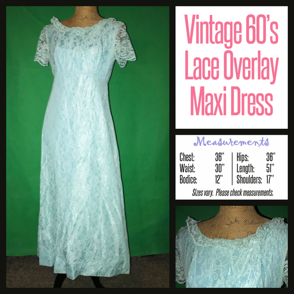 Vintage 60's Baby Blue Empire Lace Maxi Dress 36B M Medium