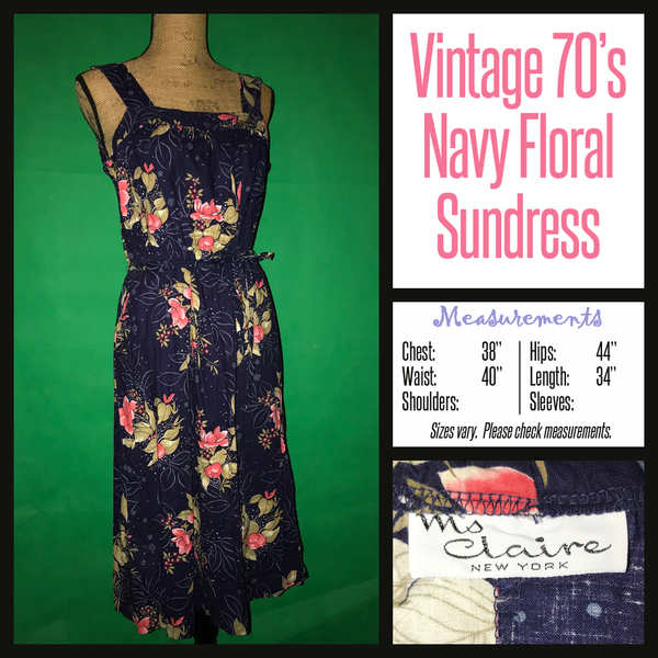 Vintage 70's Navy Blue Floral Print Sun Dress 38B L Large