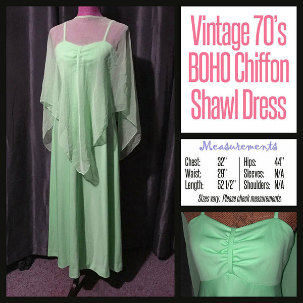 Vintage 70's Lime Boho Chiffon Shawl Maxi Dress 32B S Small