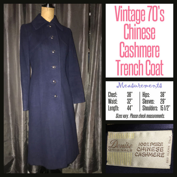 Vintage 70's Navy Chinese Cashmere Trench Coat 36B S Small