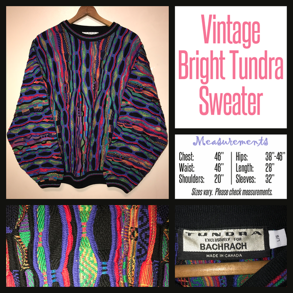 Vintage 80's Bright Colorful Tundra Canada Textured Sweater 46B L Large