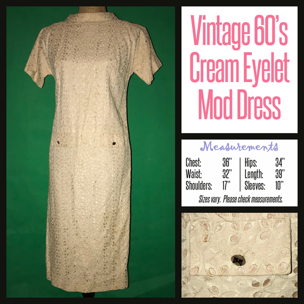 Vintage 60's Cream Eyelet Mod Dress 36B M Medium