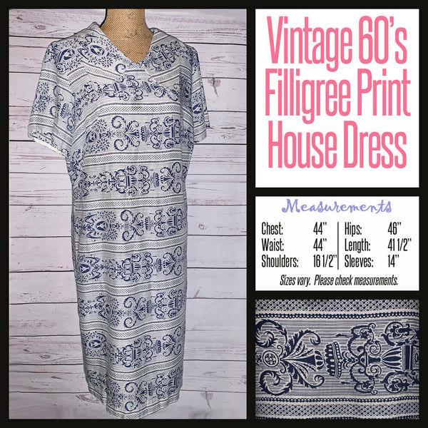 Vintage 60's Navy & White Filigree Print Dress 44B XL Extra Large