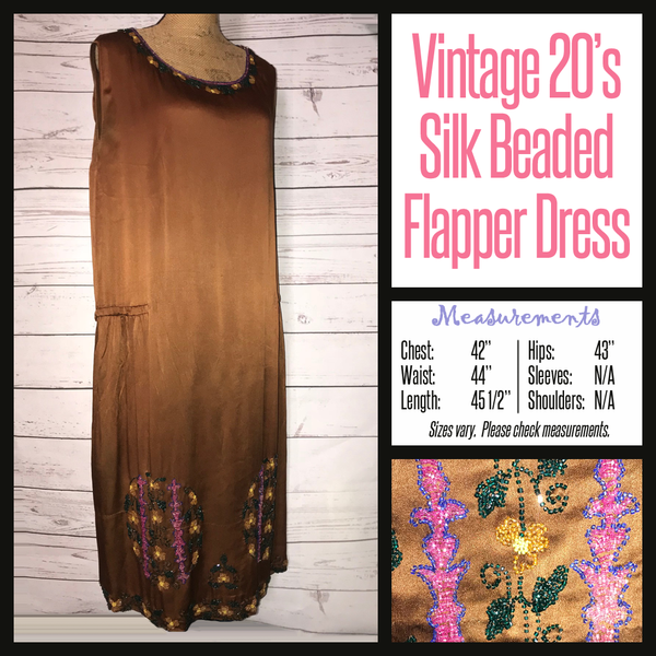 Vtg 20s Black Womens Vintage Beaded Flapper Dress Glass Beads 42B L Large