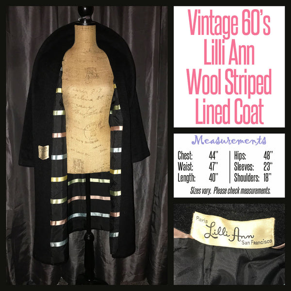 Vintage 60's Black Lilli Ann Striped Lined Wool Wrap Coat XL Extra Large 44B