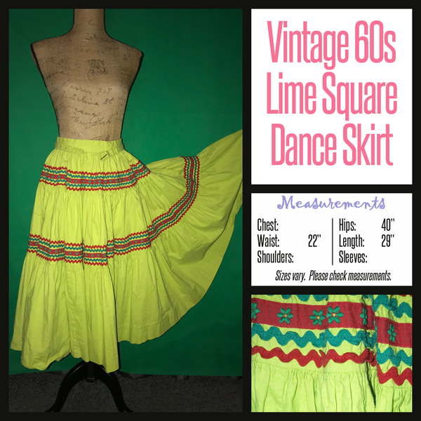 Vintage 60's Lime Square Dance Skirt 22" Waist XS Extra Small