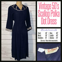 Vintage 50's Navy Polka Dot Scallop Trim Day Dress 48B XL Extra Large
