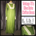 Vintage 70's Olive Boho Maxi Dress 30B XS Extra Small