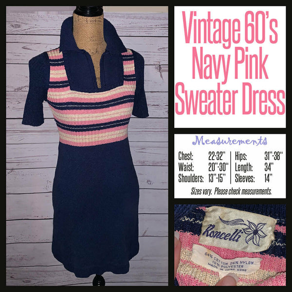 Vintage Mod Pink & Blue Striped Sweater Dress XS 22-32B Extra Small