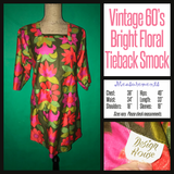 Vintage 60’s Bright Floral Tieback Smock 38B M Medium